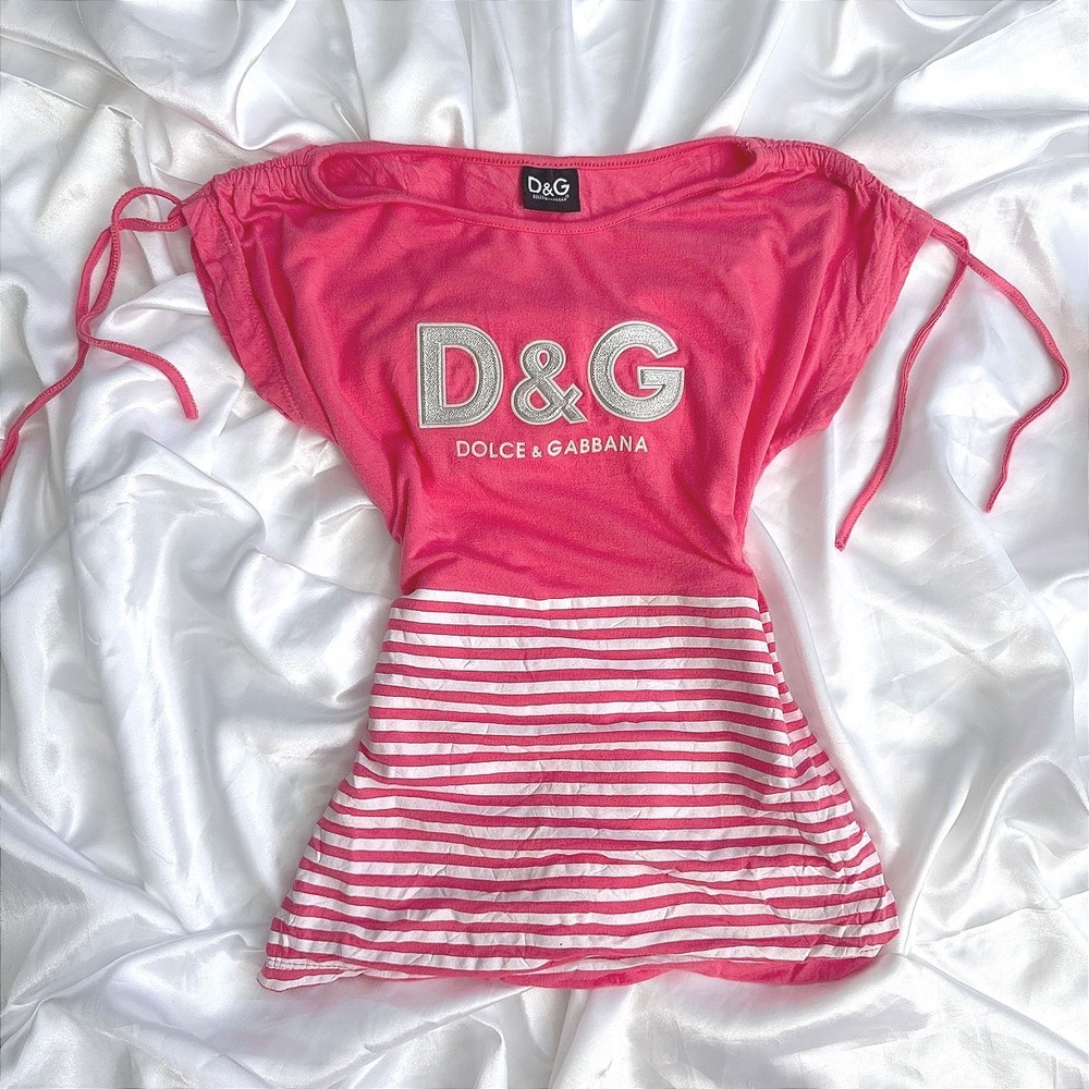 Pink Graphic Logo Striped Cotton Top Boat Neck Drawstring Shoulder Cap Sleeve
